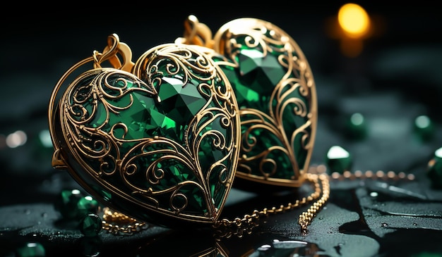 Художественный зеленый и золотой сердечный драгоценный камень, созданный ИИ