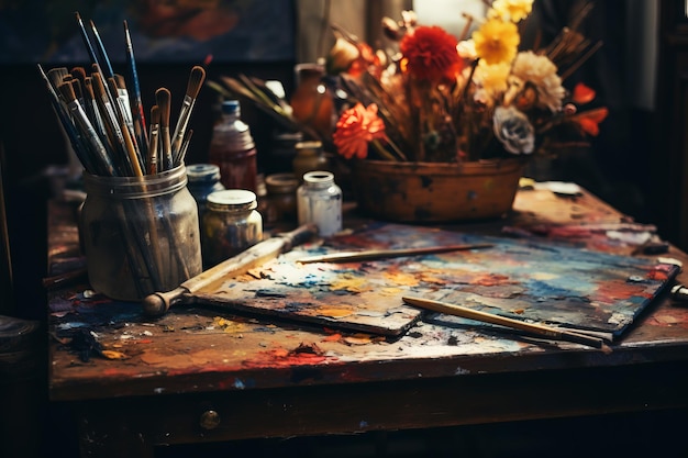 The Artistic Haven Exploring a Painter's Table through a Captivating Shot of Paintbrushes AR 32