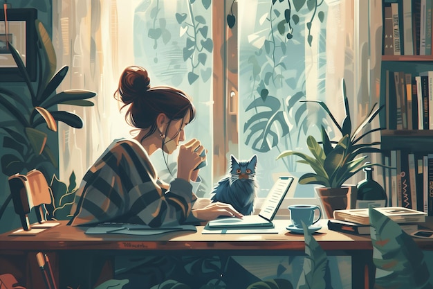 Artistic Home Office Illustration with Plants and Window View