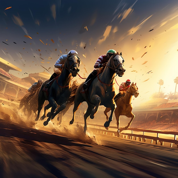 Artistic Horses Running in a Group on a Racetrack