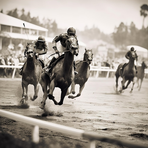 Artistic Horses Running in a Group on a Racetrack