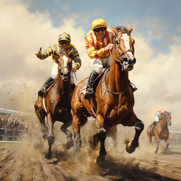 Artistic Horses Running in a Group on a Racetrack