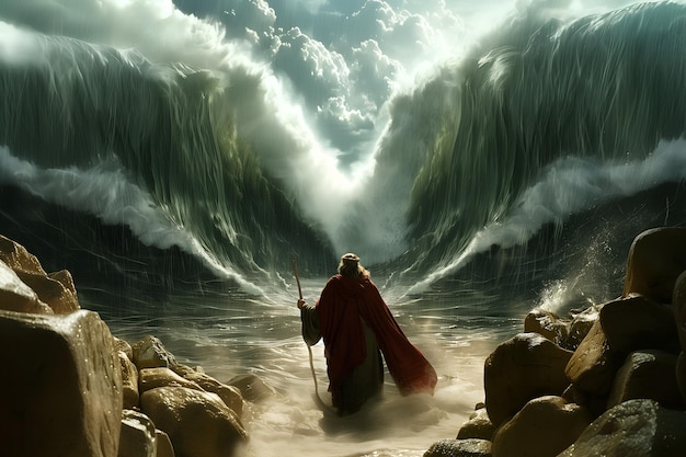 Artistic illustration of back view of Moses dividing the red sea in exodus