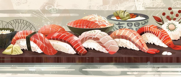 Artistic illustration of colorful sushi pieces on a tray surrounded by abstract floral and wave patterns