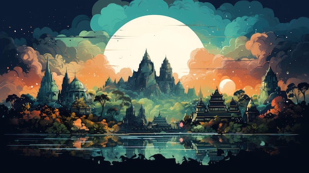 an artistic illustration of iconic Indonesian landmarks