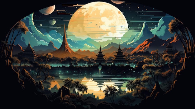 an artistic illustration of iconic Indonesian landmarks