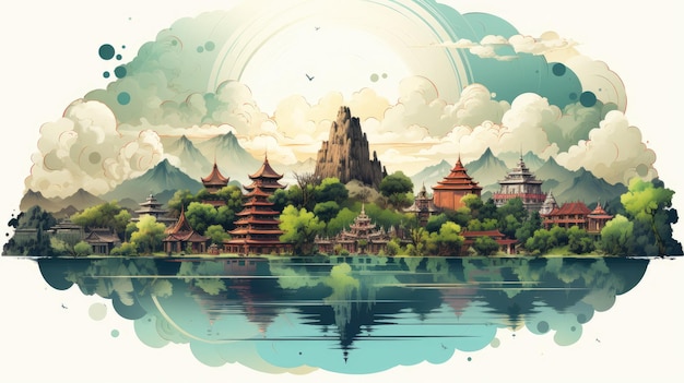 an artistic illustration of iconic Indonesian landmarks