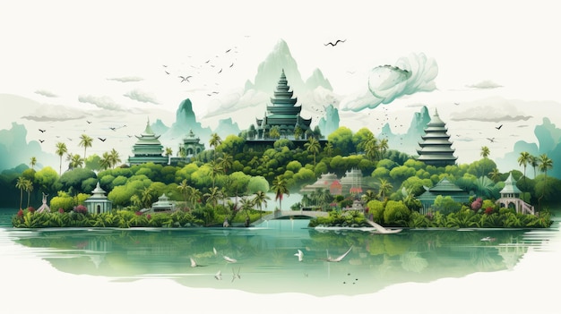 an artistic illustration of iconic Indonesian landmarks