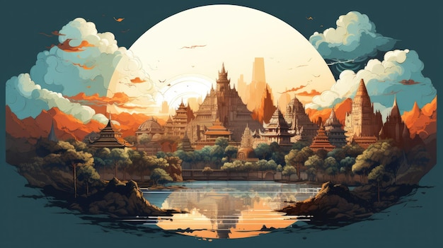 an artistic illustration of iconic Indonesian landmarks