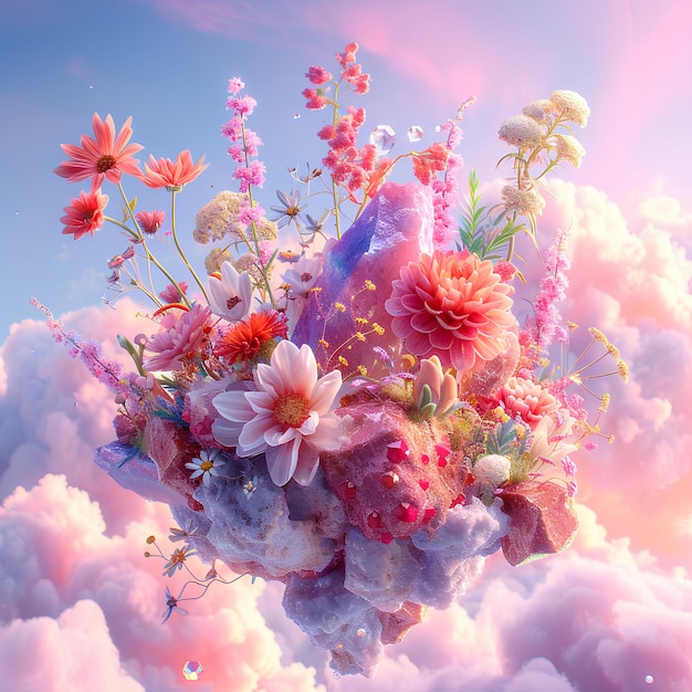 Artistic Illustration Light Pink Sky Floating with Flowers