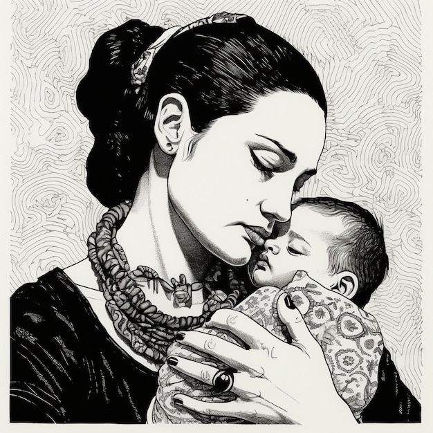 Artistic illustration of a mother with her baby watercolor painting Ai generated