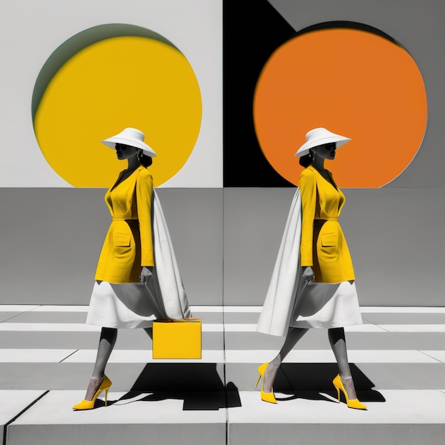 artistic illustration of person and architecture geometry colors and shadows fashion