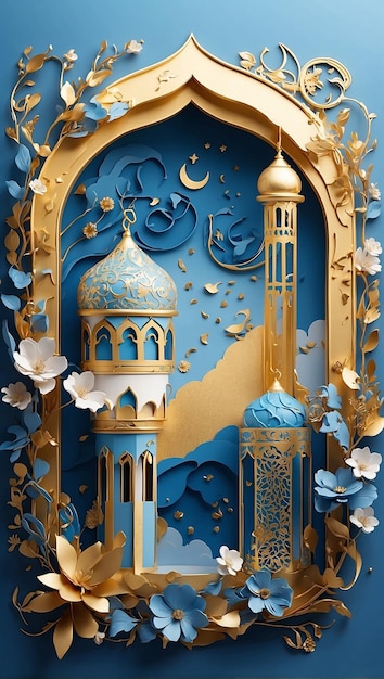 artistic illustration represents Ramadhan with blue and gold vibes