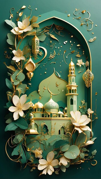 artistic illustration represents Ramadhan with green and gold vibes