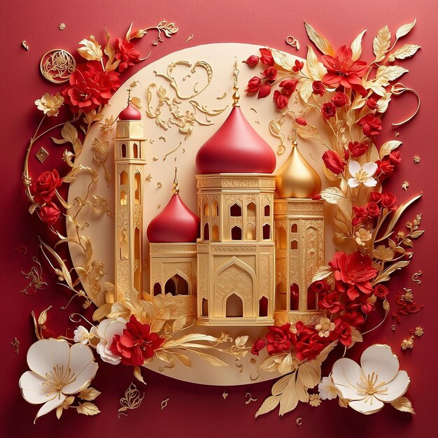 Artistic illustration represents Ramadhan with red and gold vibes