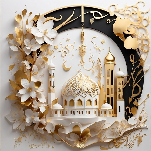 Artistic illustration represents Ramadhan with white and gold vibes