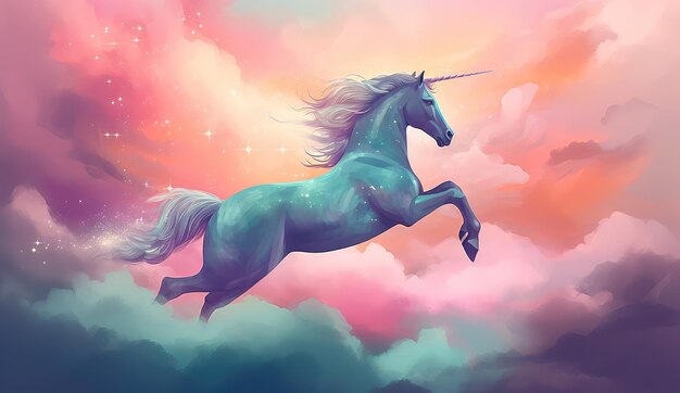 Artistic illustration of a unicorn flying through clouds and stars generative ai