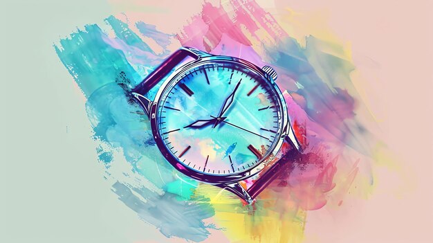 Foto illustrazione artistica di un orologio da braccio con quadrante blu e cinturino di pelle marrone l'orologio è ambientato su uno sfondo astratto colorato