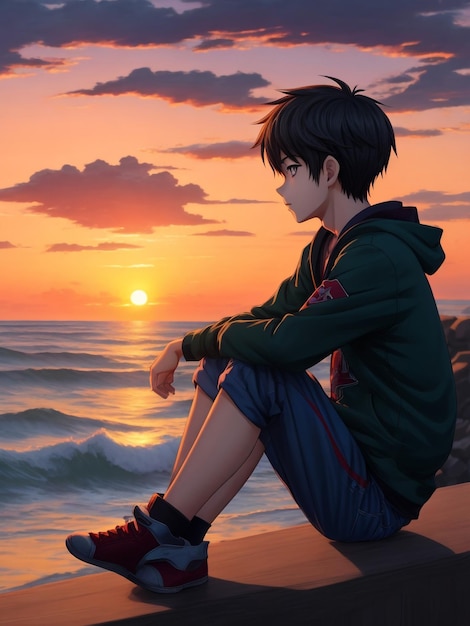 Premium AI Image  Artistic image of Boy anime on the beach