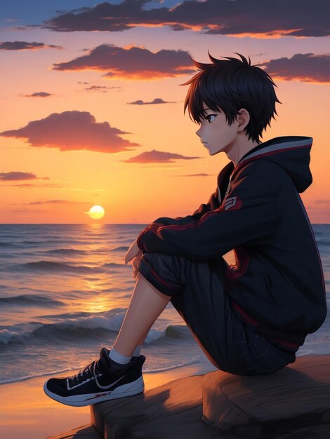 Artistic image of boy anime on the beach watching sunset