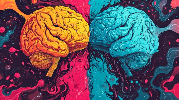 Photo an artistic image dividing two stylized human brains one orange and the other blue against a vibrant abstract background ai generative