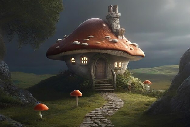 Artistic image of house in the form of mushrooms in the forest