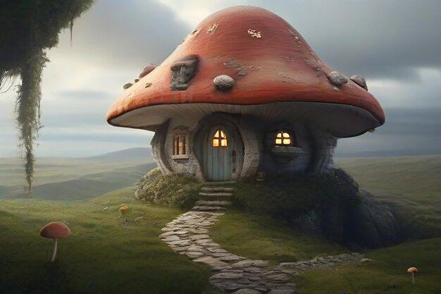 Artistic image of house in the form of mushrooms in the forest