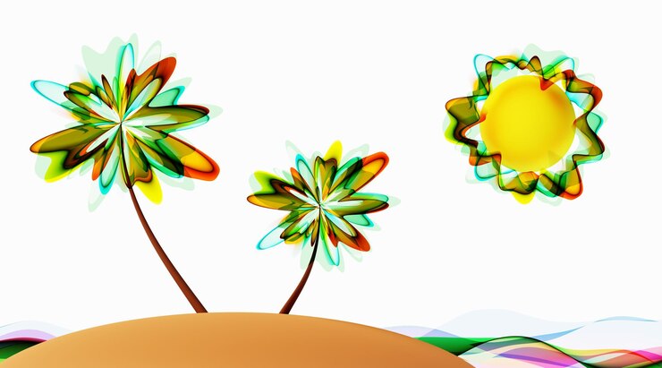 फोटो artistic image of an island with sun palm trees and ocean painted with colorful abstract waves