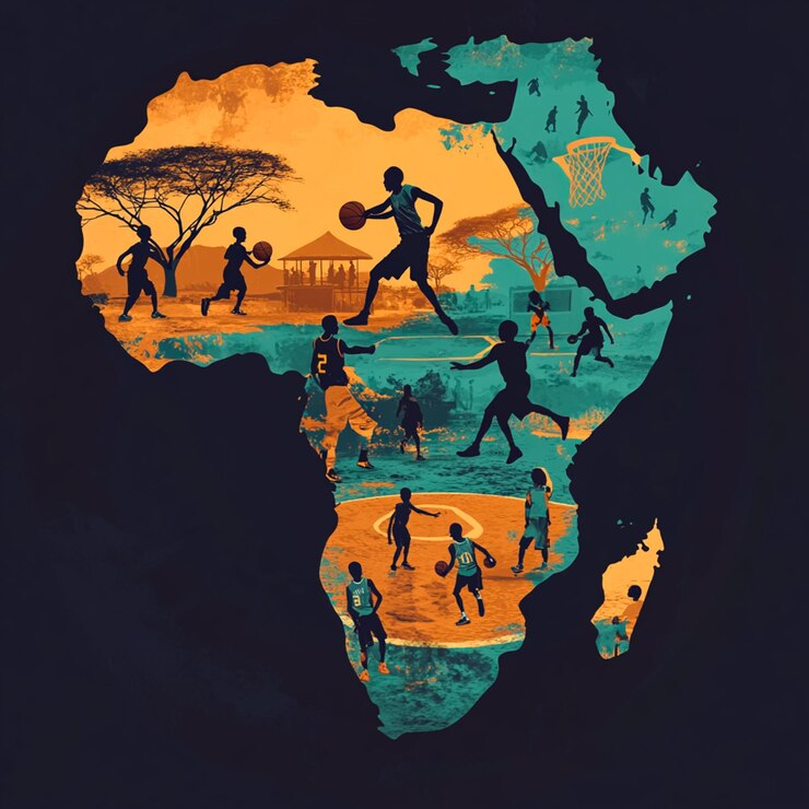 artistic image representing the African continent as a backdrop filled with dynamic scenes of child
