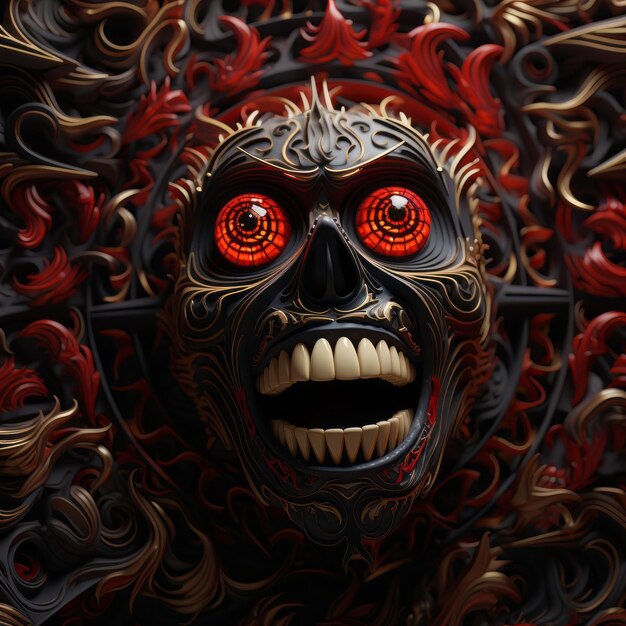 an artistic image of a skull with red eyes