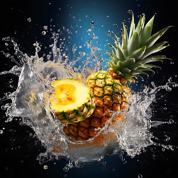 Artistic image of a tropical fruit like a pineapple or mango being sliced with water splashing