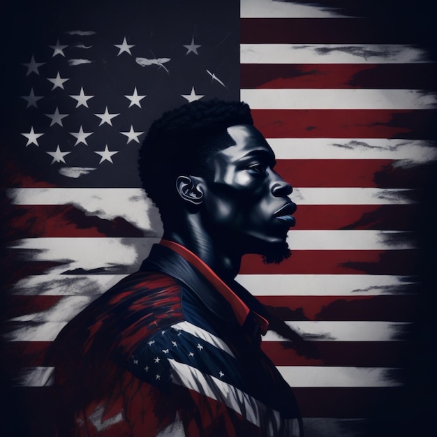 artistic impression of juneteenth whit black man print background in american flag colors