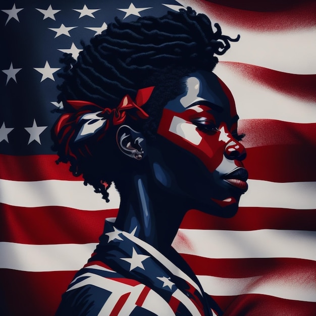 artistic impression of juneteenth whit black woman print background in american flag colors