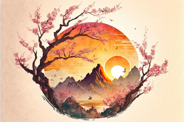 Artistic landscape with cherry blossoms and sunset painted with watercolor texture in vintage style