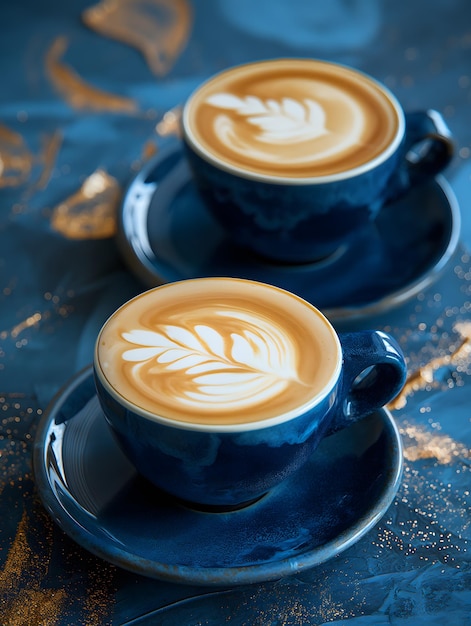 Artistic Latte Art on Two Cups of Coffee with a Blue Background