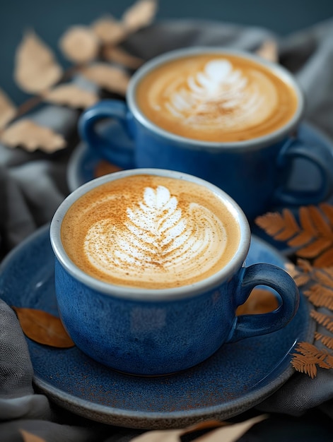 Artistic Latte Art on Two Cups of Coffee with a Blue Background