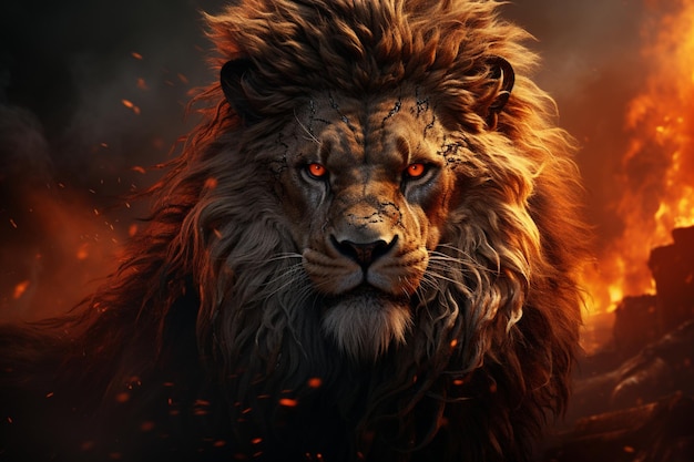 Artistic lion portrait blazing fur dark background impressive mane