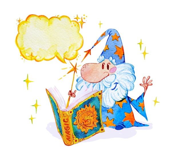 Artistic magic illustration with hand drawn artistic elements isolated on white background - short wizard with spell book.