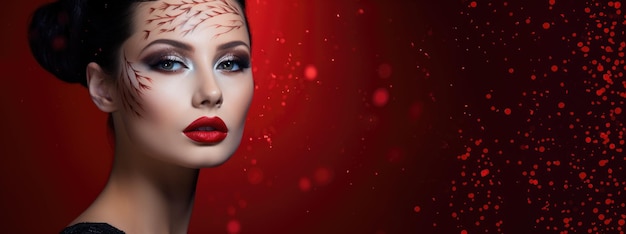 Premium AI Image  Artistic makeup on dark red glittering backdrop