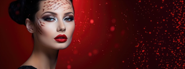 Photo artistic makeup on dark red glittering backdrop