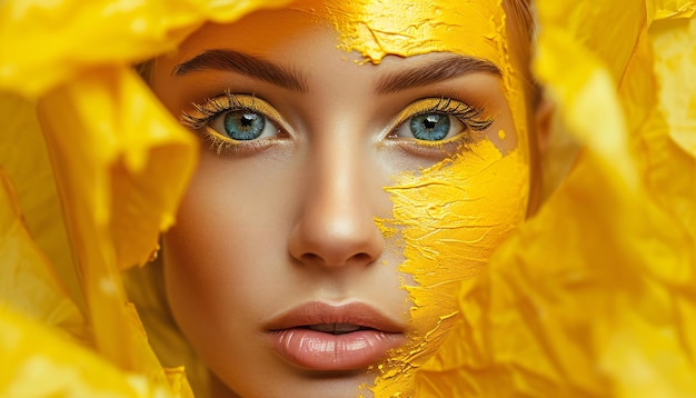 Artistic makeup with yellow paint texture and blue eyes