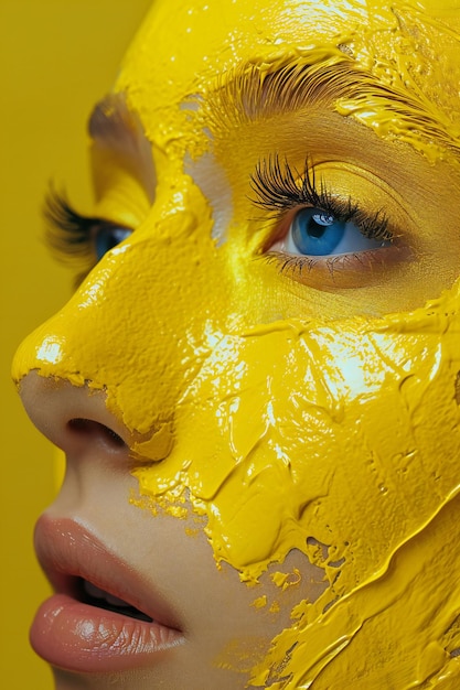 Artistic makeup with yellow paint texture and blue eyes