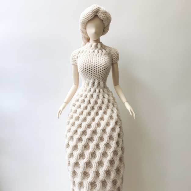 Photo artistic meijiinspired white knitted dress on wooden mannequin