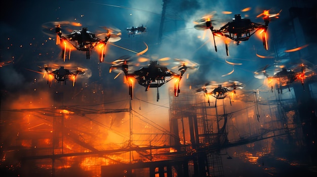 An artistic mesh of drones flying in formation sharing realtime data depicting aerial IoT