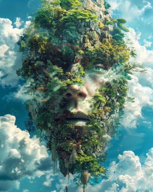 Artistic montage blending human features with lush greenery in highresolution surreal depiction