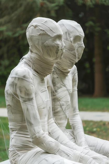 Photo artistic mummy statues in an outdoor setting depicting human figures wrapped in bandages