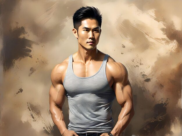 写真 artistic muscular asian man in grey tank top isolated on abstract brown background