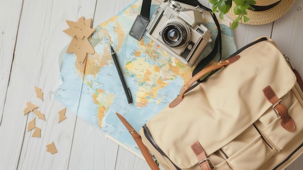 artistic objects like a backpack hat camera book and map arranged on a table aig