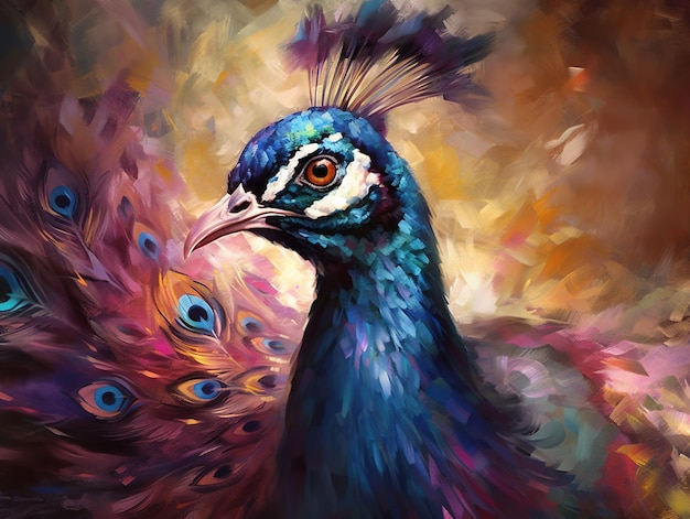 Artistic oil painting of a beautiful peacock Closeup AI generative illustration