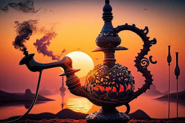 Artistic oriental smoking pipe for tobacco in form of hookah at sunset